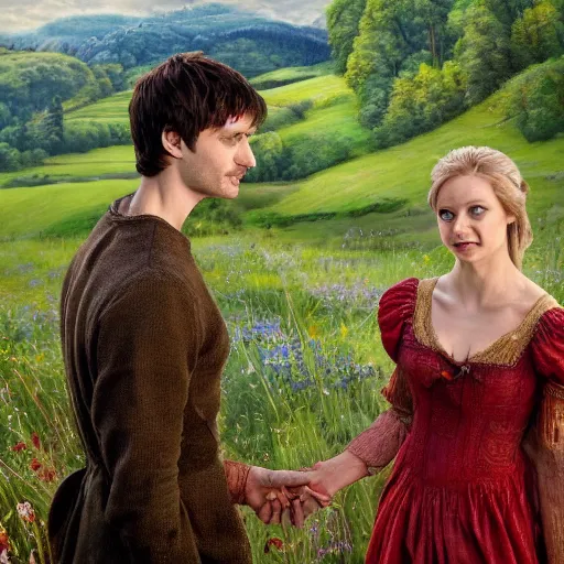 Prompt: bradley james and colin morgan are in a beautiful meadow in love and happy. from the television show merlin ( 2 0 0 8 ). ; high - detailed oil painting by igor sychev and mark keathley trending on artstation, masterpiece, 4 k