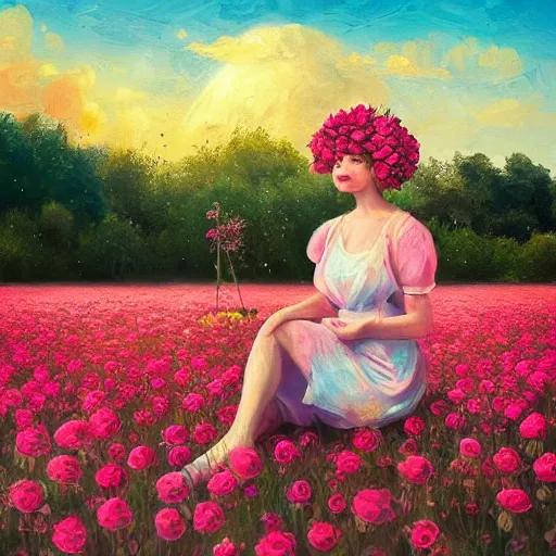 Image similar to giant rose flower head, full body girl sitting in a flower field, surreal photography, sunrise, dramatic light, impressionist painting, colorful clouds, digital painting, artstation, simon stalenhag