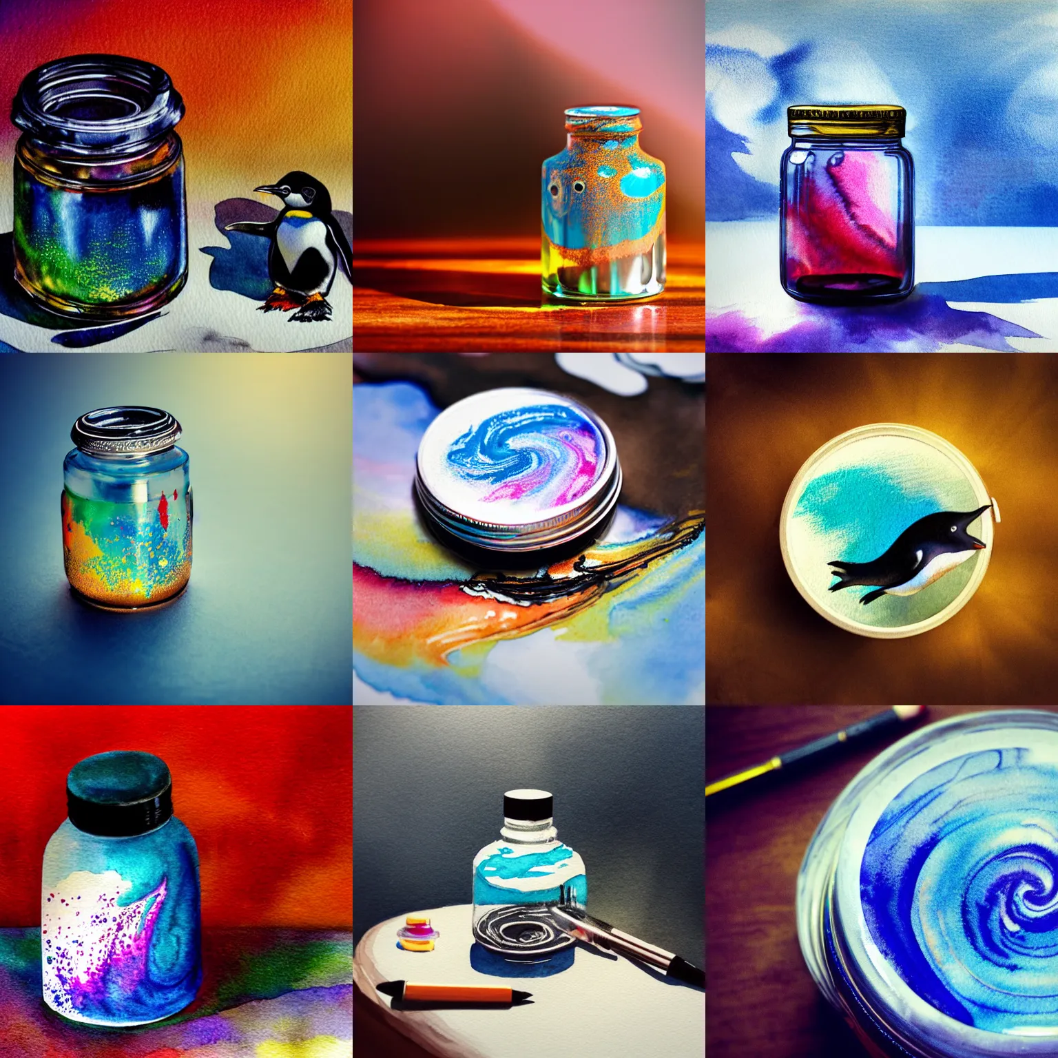 Prompt: airbrush of sealed jar of swirling ink shimmering on a desk near a penguin, dramatic afternoon lighting, intense watercolor, heavy metal, tilt shift, by moebius