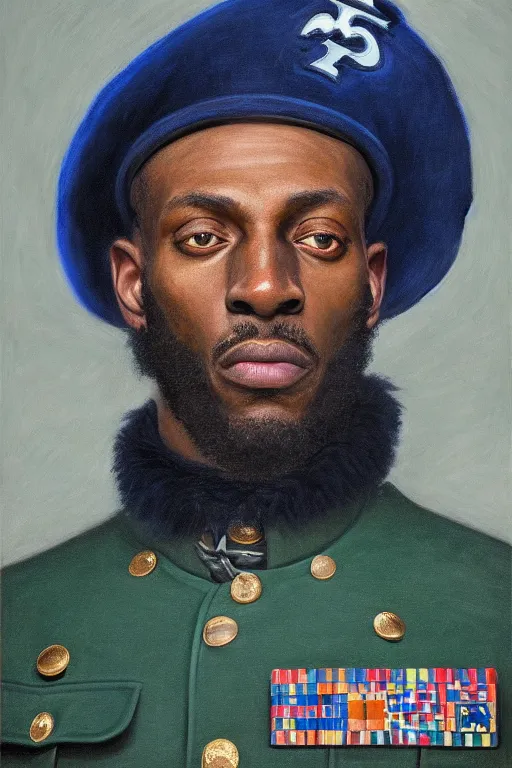 Image similar to facial portrait of the dictator of the minnesota timberwolves, 1 8 8 9, in full military garb, midnight blue, aurora green, lake blue, moonlight grey, kevin garnett, oil on canvas by william sidney mount, trending on artstation