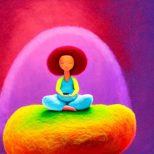 Image similar to a black girl with a colorful afro and big beautiful eyes meditating in a rainbow mushroom zen garden, bokeh, bright colors, synthwave, watercolor, volumetric wool felting, felt, macro photography, children illustration, by goro fujita