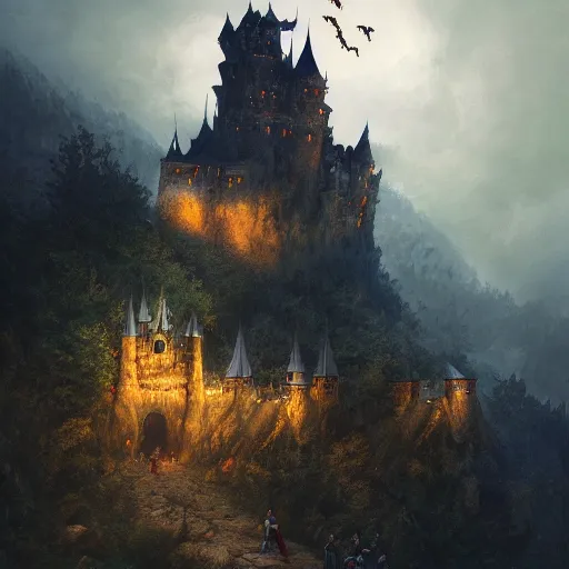 Image similar to dracula's castle, dark mountains, bats in sky, omnious feeling, winding gravel path, carpathian mountains, illustration, epic, fantasy, intricate, hyper detailed, artstation, concept art, smooth, oil painting, jessica rossier