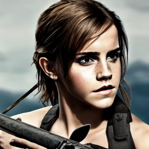 Image similar to Emma Watson full shot modeling as Lara Croft, (EOS 5DS R, ISO100, f/8, 1/125, 84mm, postprocessed, crisp face, facial features)