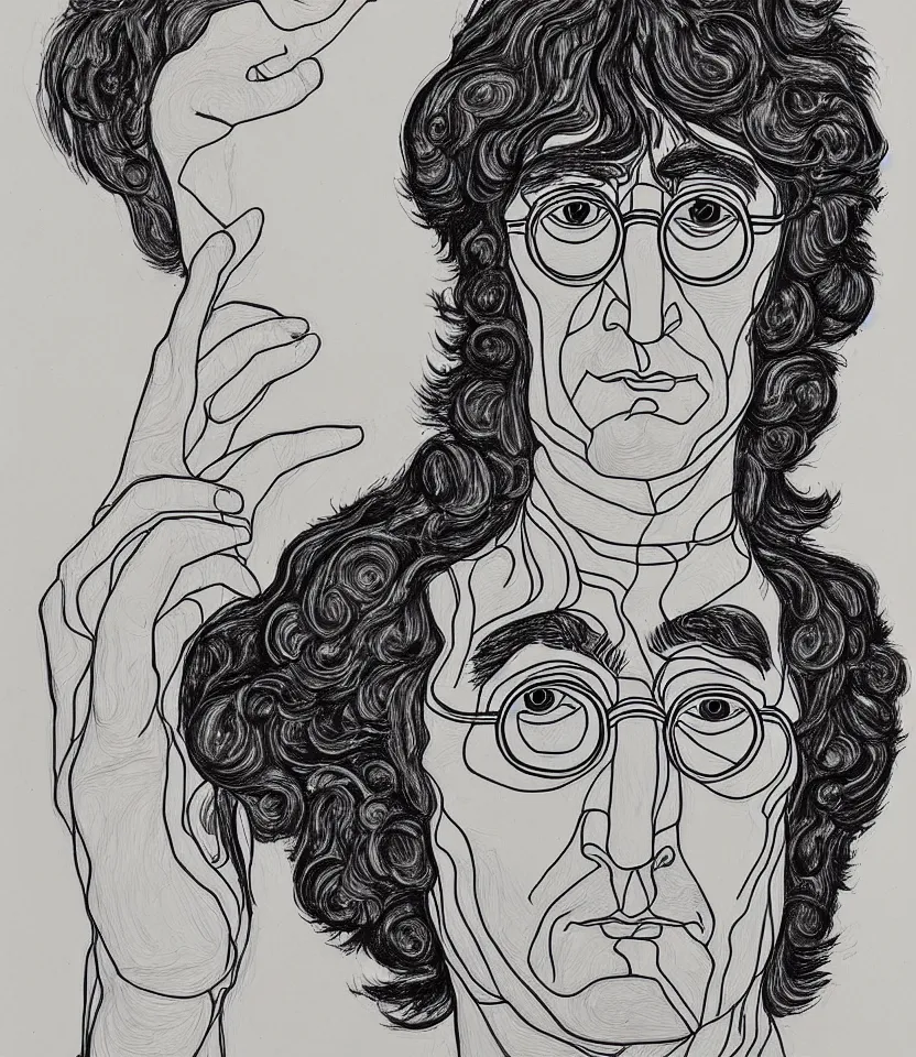 Image similar to elegant intricate line art portrait of john lennon. inspired by egon schiele. contour lines, graphic musicality, twirls, curls, curves, strong confident personality, staring at the viewer