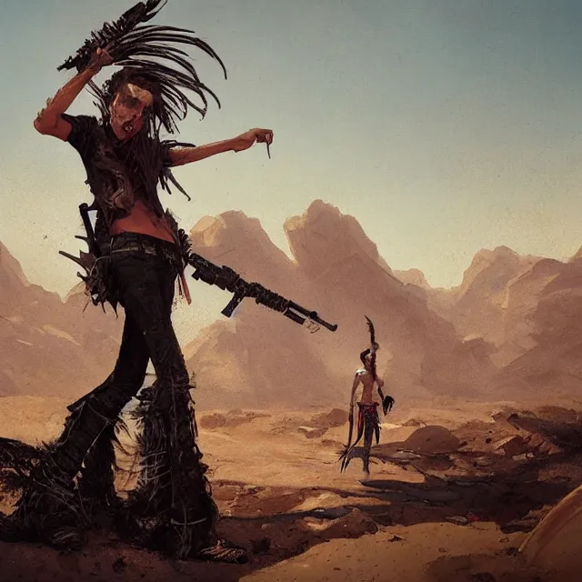 Image similar to a painting of a punk rocker in the desert by greg rutkowski, dark fantasy art, high detail, trending on artstation