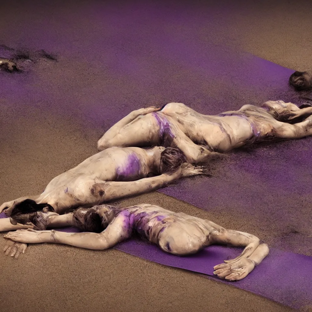 Image similar to close - up view of iridiscent oil spill in desert sand tempest with women corpses connected by cables and computers to wax forms to a buried baby relaxing on yoga mat, faded, purple gradient, dust, purple fog, depth of field, by werner herzog, hans bellmer and nadav kander, 8 k, sad atmosphere, cinematic