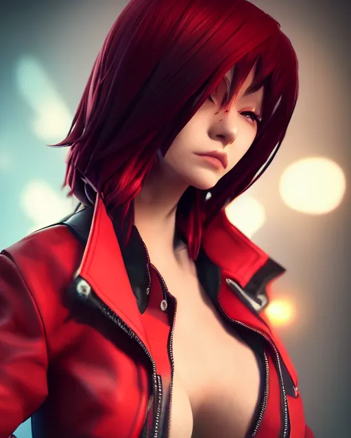 Image similar to a girl with short red hair, cool, vi from arcane, league of legends, fighter, cool red jacket, tattoo, beautiful, 3 d, potrait, art staion, studio light, closeup shot, octane render, wlop