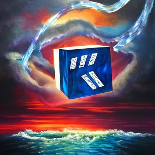 Prompt: movie poster, magic cube on oil sea, oil painting