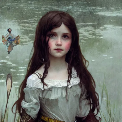 Image similar to a full body portrait of medieval child girl in a river, intricate, elegant, highly detailed, digital painting, artstation, concept art, smooth, sharp focus, illustration, art by krenz cushart and artem demura and alphonse mucha