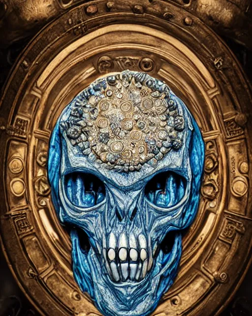 Prompt: close up portrait of alien gritty white skull carving partially infused with bronze mucha carving and blue flower gems, high art, detailed intricate hires textures dramatic cinematic lighting symmetrical