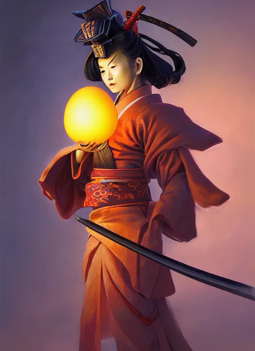 Prompt: kitsune samurai in autumn color kimono holding a glowing egg, subsurface scattering, by jesper ejsing, justin gerard, tomasz alen kopera, cgsociety and fenghua zhong, highly detailed, rim light, cinematic lighting, illustration, art, octane render, very coherent, cinematic, hyper realism, high detail, octane render, 8 k