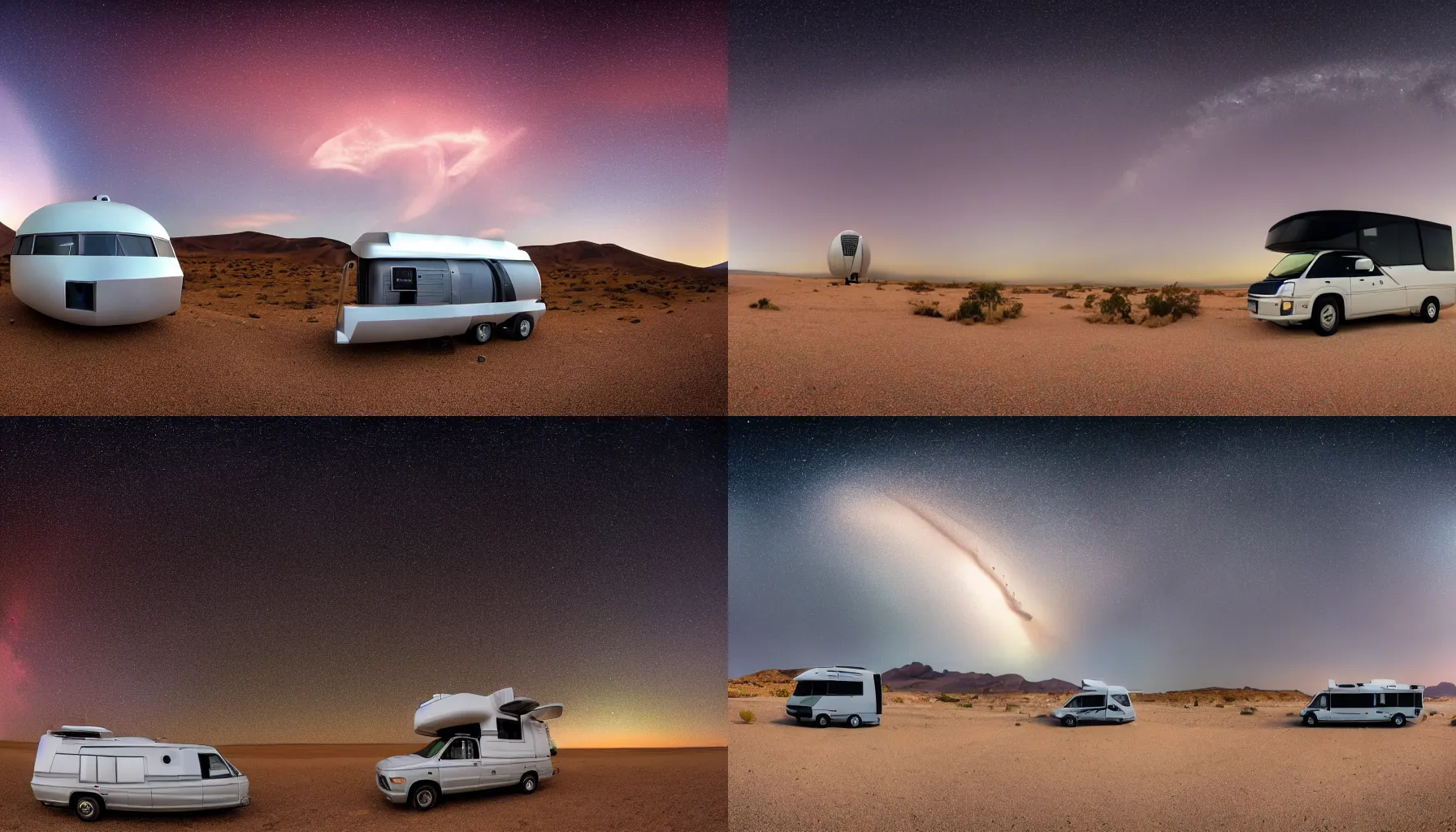 Prompt: a professional photograph of a beautiful futuristic Winnebago designed by Buckminster Fuller that looks like a ufo on stilts in a picturesque alien desert. Astronauts are camping nearby. Astronauts. Mammatus clouds worms eye shot, wide-angle, racking focus, extreme panoramic, Dynamic Range, HDR, chromatic aberration, Orton effect, Photo by Marc Adamus, Ryan Dyar, Ezra Stoller, and Andres Gursky