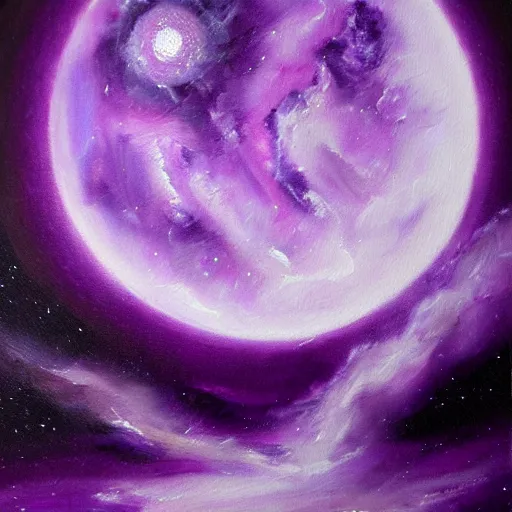 Image similar to purple mystical planet, oil painting, detailed, brush strokes, vivid, gothic, dark, brooding