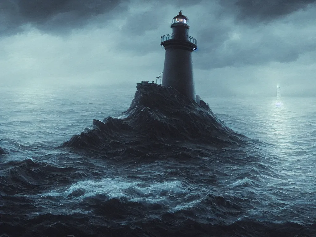 Prompt: a beautifuly ultradetailed painting of a lighthouse in a sea of black water with eldritch terrors crawling up from the water, icy mist, morning shot, raphael lacoste, makoto shinkai, 4 k, trending on artstation, aerial photography, ultrawide lens : 2, dof : - 1, blur : - 1