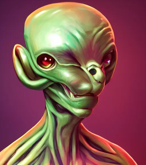 Image similar to character portrait art, ant alien, trending in artstation, purple color lighting