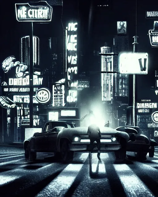 Image similar to hyper-realistic scene from sin city 2, dark city streets with cars and people in the distance, glowing lights, low key, 8k, trending on twitter