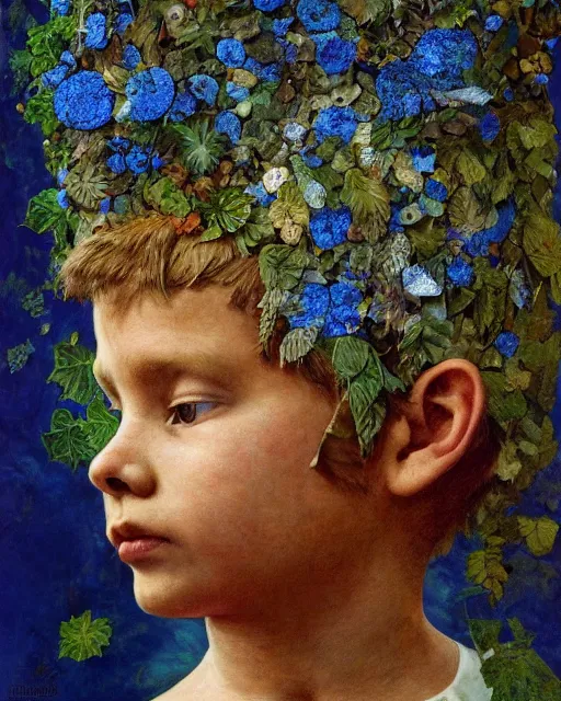 Prompt: portrait of a child made out of leaves and ivy and flowers, cinematic light, backlight, blue sky gold, mist, clouds, by mikhail vrubel, by philippe druillet, by wlop, by peter elson, by gerald brom, muted colors, ( extreme detail ), trending on artstation, 8 k