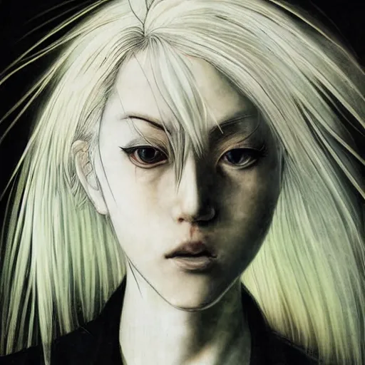 Image similar to Yoshitaka Amano realistic illustration of an anime girl with white hair and cracks on her face wearing dress suit with tie fluttering in the wind, abstract black and white patterns on the background, noisy film grain effect, highly detailed, Renaissance oil painting, weird portrait angle