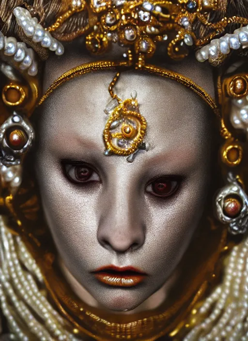 Image similar to hyperrealism, detailed textures, award winning autochrome photo, symetrical japanese pearl old screaming medusa queen autochrome pearl portrait, pearl silverplate, intricate, detailed facial pearl scary animal mask, pearl, golden jewelery, silverplate, ultra realistic, cinematic, intricate, cinematic light by steve mccurry, unreal engine 8 k