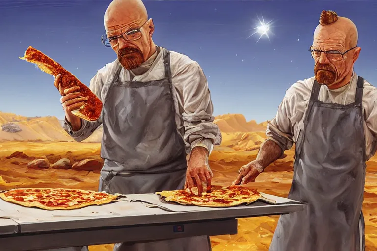 Prompt: a highly detailed portrait of walter white making pizza! in the desert, steaming hot sun in the sky, holding a blowtorch and a pizza peel, intense heat, post - apocalyptic vibe, full body, wide angle, an ultrafine detailed painting by joe fenton, trending on deviantart, pop surrealism, whimsical, lowbrow, perfect symmetrical face, sharp focus, octane, masterpiece