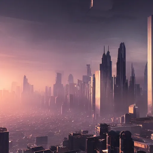 Image similar to detailed art of a metropolis with the citizens looking upward in fear, darkness, Stunning volumetric light, sunset, concrete and translucent material, beautiful sky with a beautiful skyline, trending on Artstation, 8k, photorealistic, hyper detailed, unreal engine 5, IMAX quality, Greg rutkowski, cinematic, epic lighting,