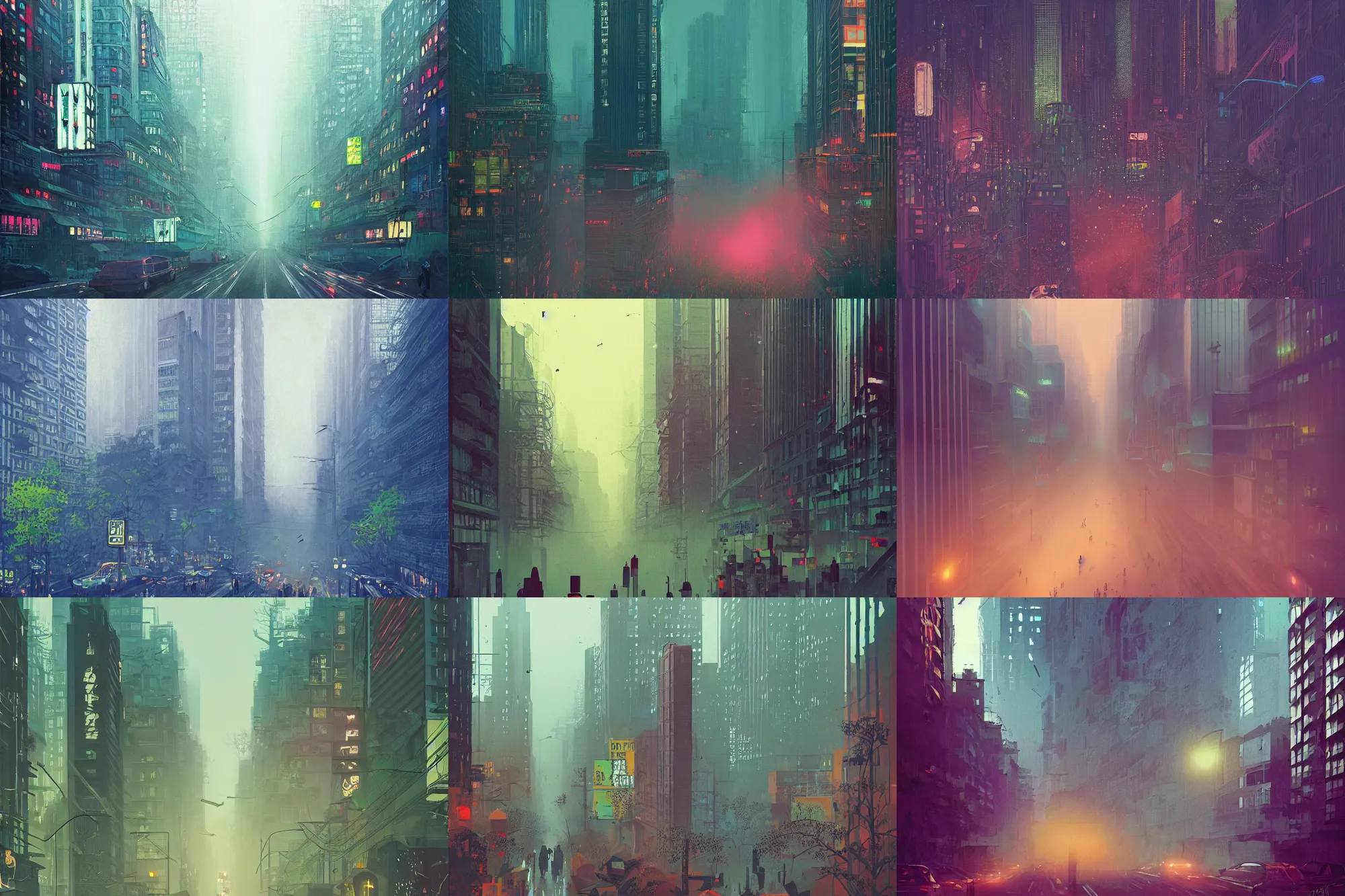 Prompt: portrait of a busy city street lush overgrowth many people, modern art deco, colorful, mads berg, christopher balaskas, victo ngai, low fog, fine texture, detailed, muted colors, dramatic lighting, dynamic composition, matte print, wide angle, moody, stippled, very grainy texture