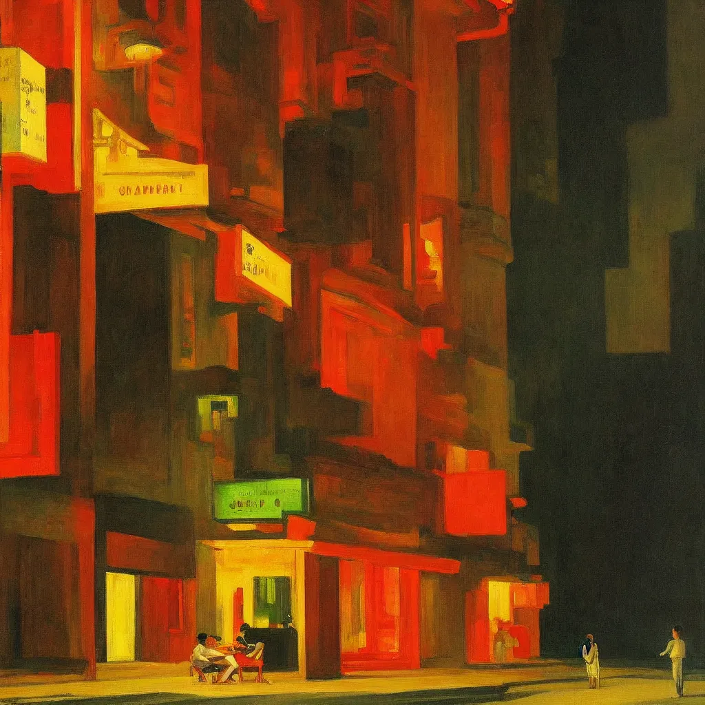 Prompt: singapore night scene, painted by edward hopper