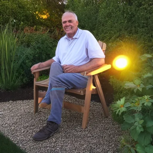 Image similar to My dad is smoking weed and have good time being gracefully relaxed in the garden, sunset lighting