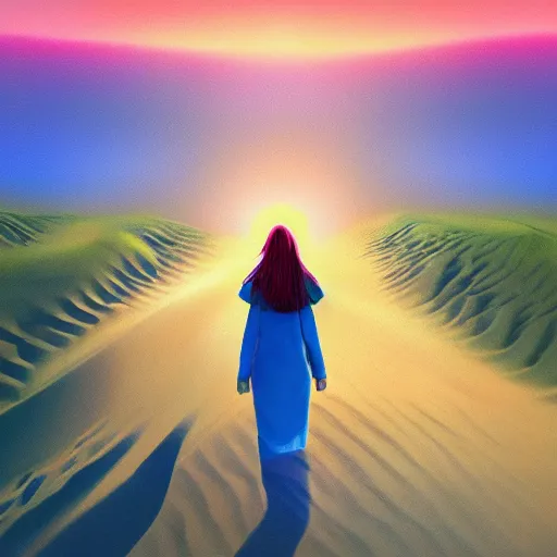 Prompt: closeup giant dahlia flower over head, girl walking between dunes, surreal photography, sunrise, blue sky, dramatic light, impressionist painting, digital painting, artstation, simon stalenhag