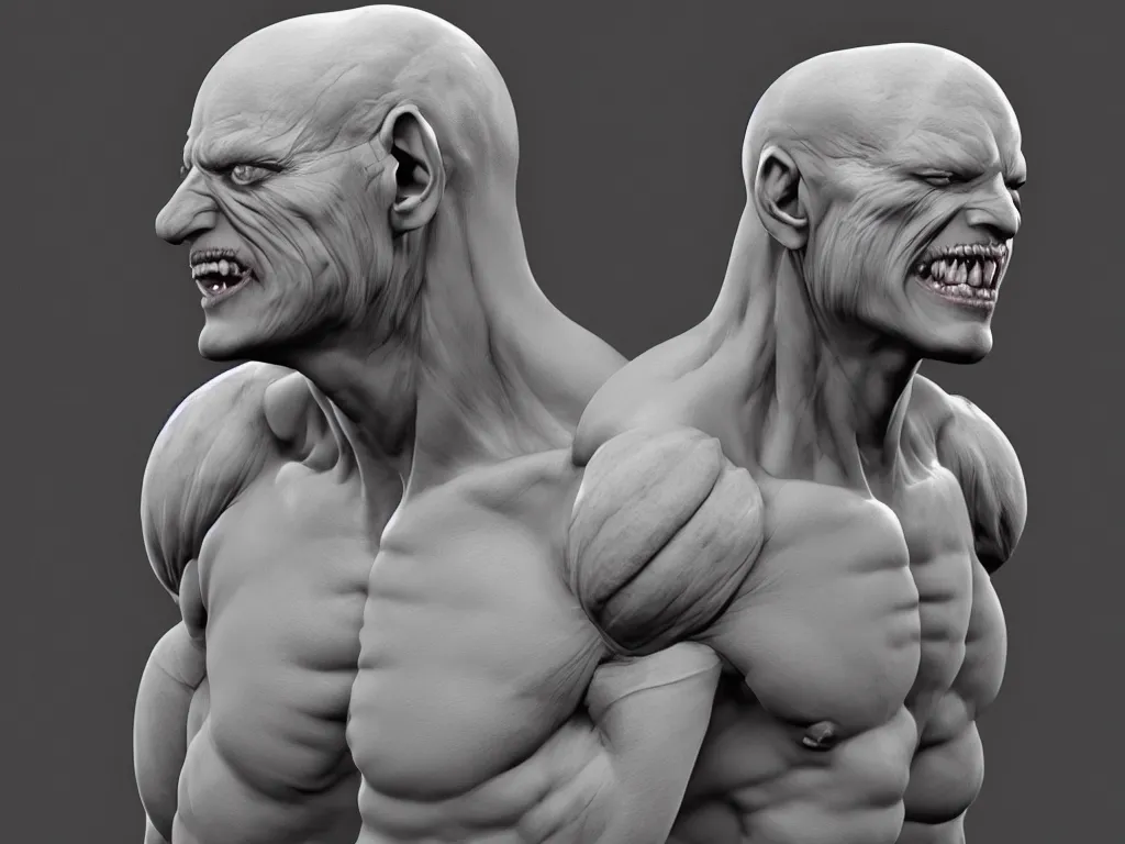 Prompt: muscular body, isopod, chiroptera head, chiroptera ears, big sharp teeth, hyperrealism, artstation, cgsociety, zbrush, no background