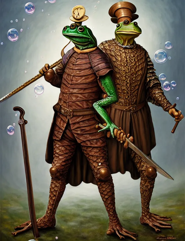 Prompt: anthropomorphic bipedal frog that is dressed as a renaissance fighter, and holding a zweihander, as a matte oil painting and d & d character art, by alex grey, standing, fullbody, floating bubbles, mystic, fog, fractals, spirals, concept art, award - winning, extremely detailed, sharp focus