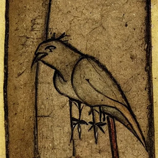 Image similar to medieval sketch of an exhausted anthropomorphic bird