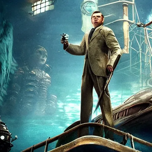 Image similar to movie poster depicting andrew ryan, portrayed by leonardo dicaprio, in a new live - action bioshock movie, the underwater city of rapture is also present