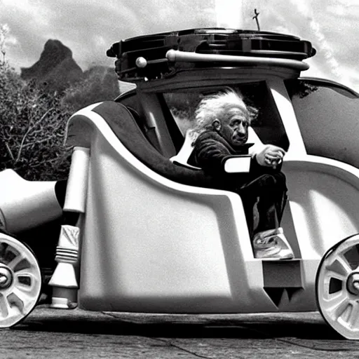 Image similar to Albert Einstein driving a Star Wars Speeder bike