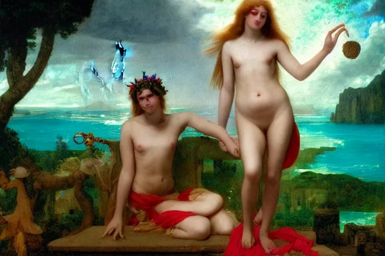 Image similar to Jester girl at the palace of the occult, refracted sparkles, thunderstorm, greek pool, beach and Tropical vegetation on the background major arcana sky and occult symbols, by paul delaroche, hyperrealistic 4k uhd, award-winning, very detailed paradise