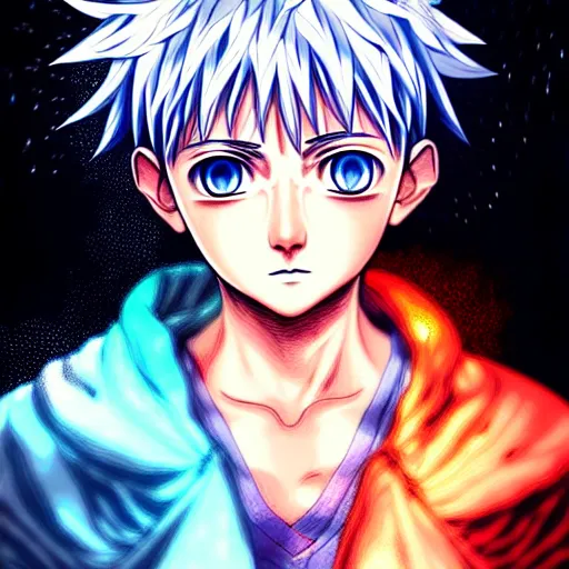 Image similar to killua zoldyck in rossdraws art, with thunderstorms, 8 k, bright colors, detailed face, details, sharp smooth, aykut aydogdu