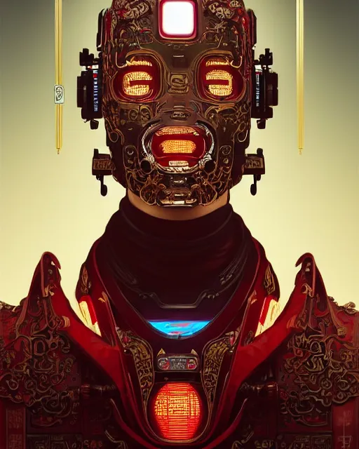 Image similar to portrait of a chinese cyberpunk machine, machine face, robed, upper half portrait, decorated with chinese opera motifs regal royal fierce machine robot cyberpunk fine china, wuxia, traditional chinese art intricate intense elegant highly detailed digital painting artstation concept art smooth sharp focus illustration, art by artgerm and greg rutkowski alphonse mucha 8 k