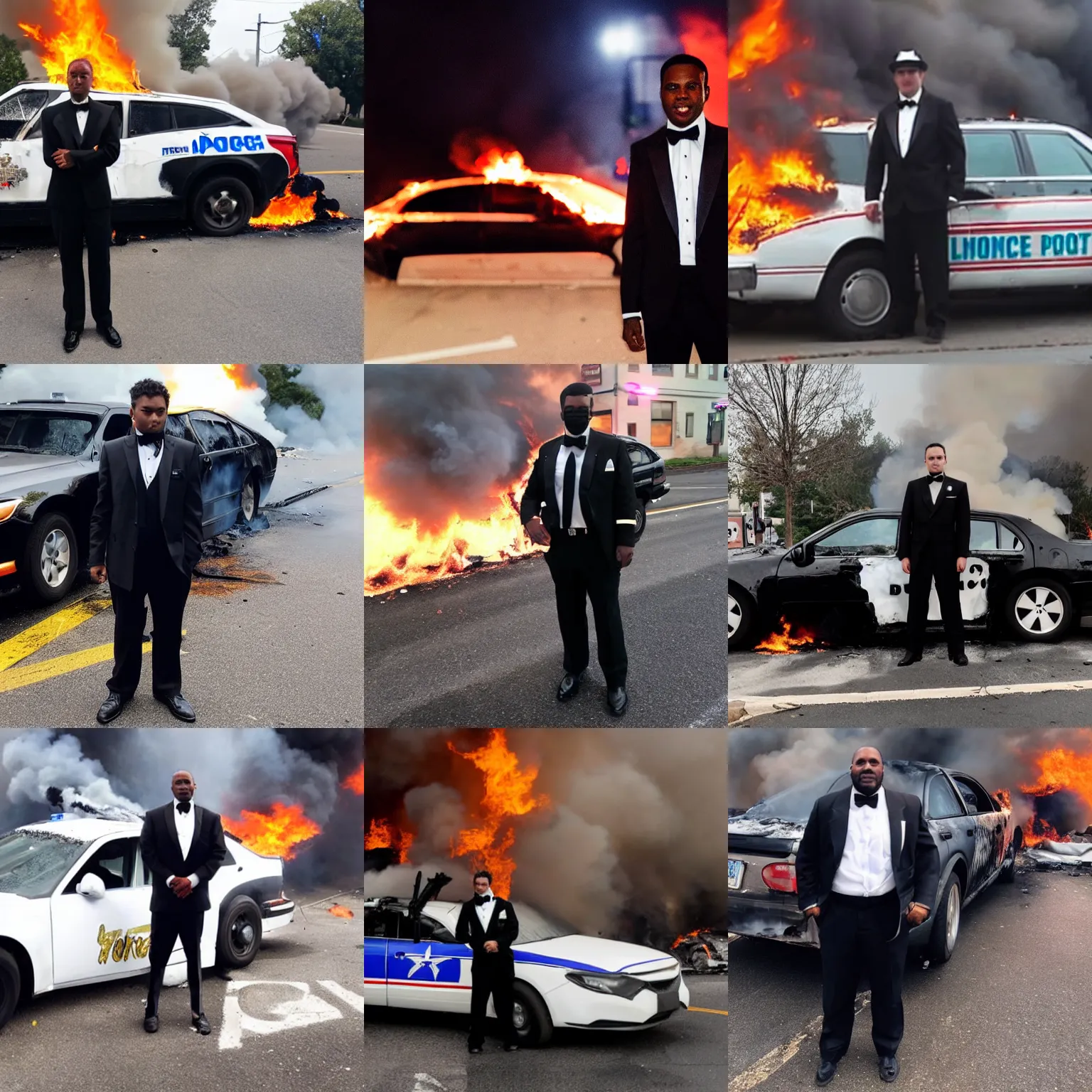 Image similar to man dressed in a tuxedo posing in front of a burning cop car during the 2020 riots, photo