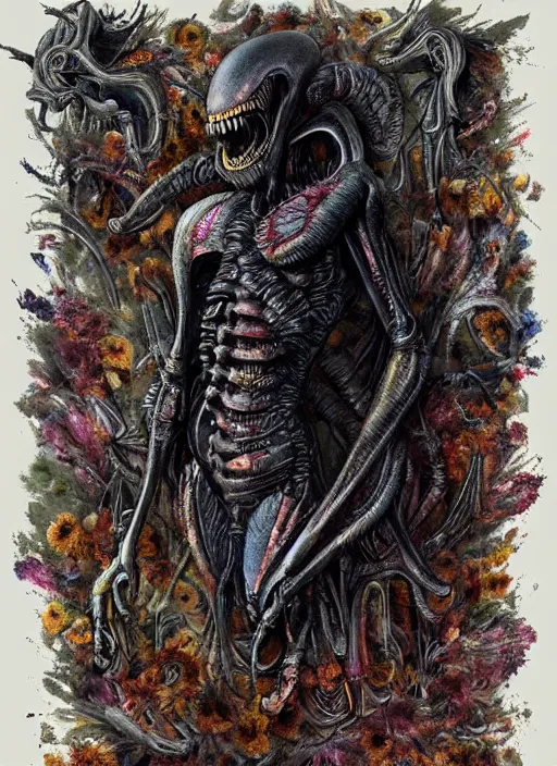 Prompt: a xenomorph from Ridley Scott’s movie Alien, made of millions of colorful dried flowers, in the style of Rembrandt and Giger, dark and moody, trending on ArtStation, trending on DeviantArt, gothic masterpiece, lots of dried flowers