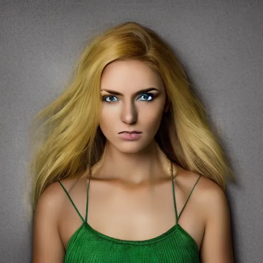 Image similar to A beautiful woman with blonde hair and green emerald color eyes and small face no makeup, full body portrait, highly detailed, excellent composition, dramatic lighting, realistic 4k