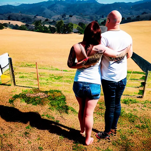 Image similar to portrait of a young chunky bald white male tattoos and his young white female brown hair wife with tattoos. male is wearing a white t - shirt, tan shorts, white long socks. female is has long brown hair and a lot of tattoos. photo taken from behind them overlooking the field with a goat pen. rolling hills in the background of california and a partly cloudy sky