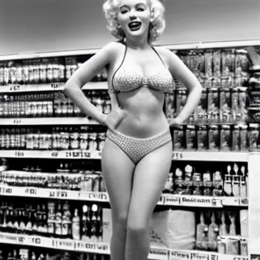 Image similar to marylin monroe in bikini in a grocery store in 2 0 2 2