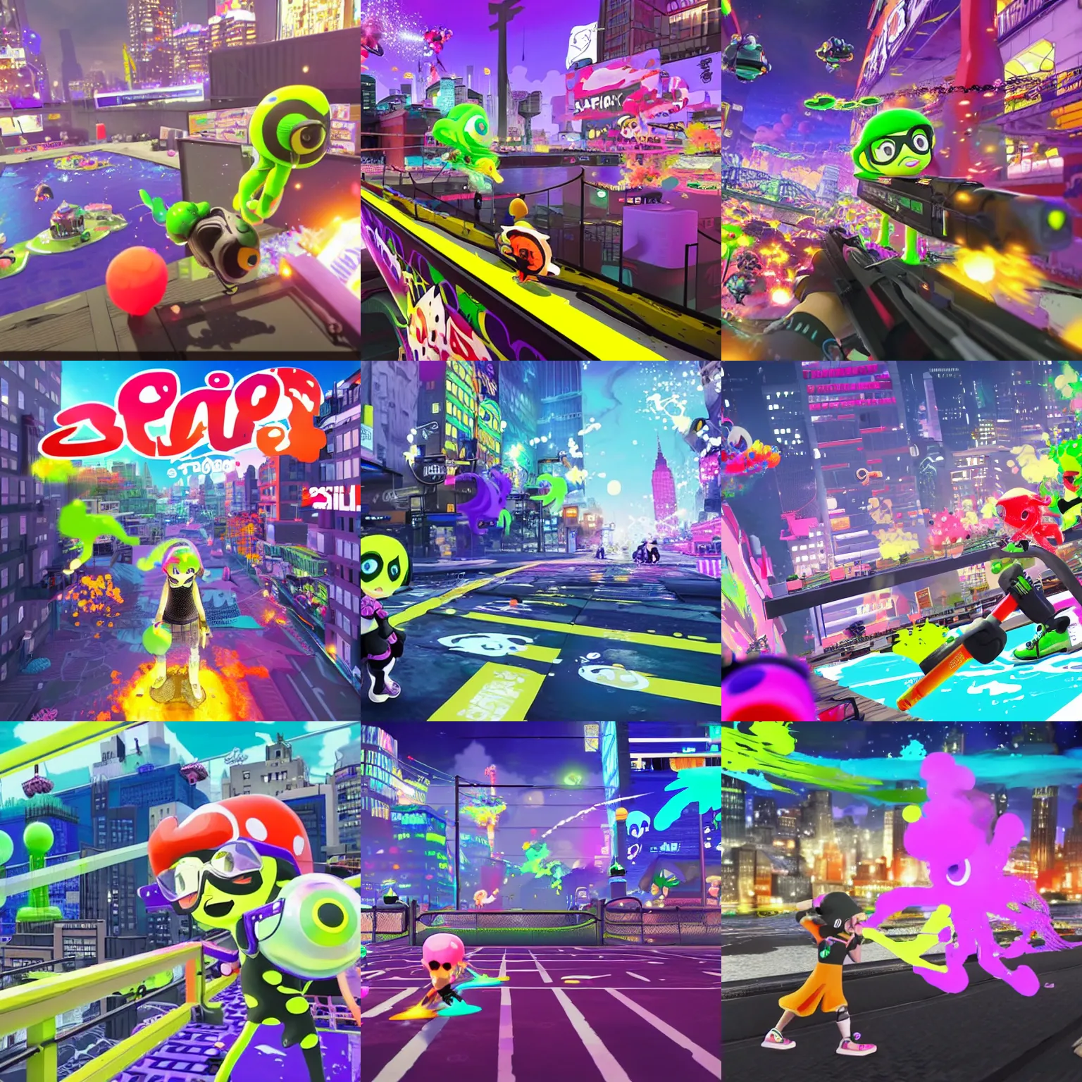 Prompt: a splatoon 3 game in the newyork city, ink on everywhere, landscape in the night, beautiful scene,