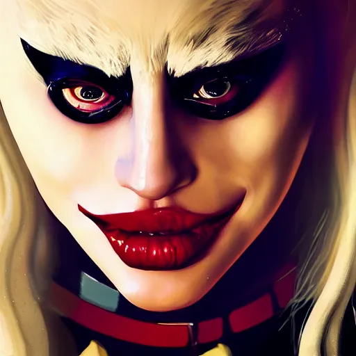 Image similar to a close up of lady Gaga as Harley Quinn by Greg Rutkowski, Sung Choi, Mitchell Mohrhauser, Maciej Kuciara, Johnson Ting, Maxim Verehin, Peter Konig, Zack Snyder, 8k photorealistic, cinematic lighting, HD, high details, dramatic, trending on artstation, full body shot