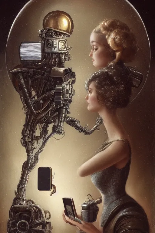 Prompt: a beautiful ultradetailed vintage photo of two cyborgs facing away from each other and looking at their cellphones, by tom bagshaw and anna dittman, couples portrait, vignette, 3 5 mm lens, golden ratio composition, detailed faces, studio photography, very detailed, humanoids, industrial robots, artstation, 8 k, highly coherent