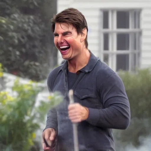 Image similar to Tom Cruise laughing in a house on fire