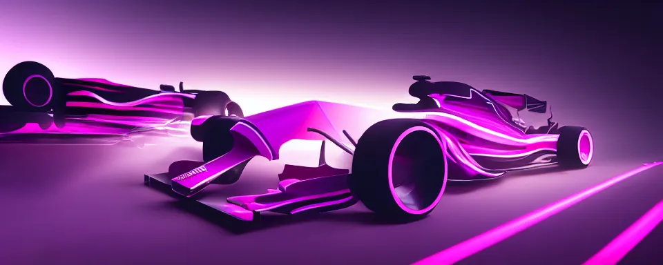 Image similar to abstract illustration of a formula one car, synthwave, purple and pink, motion blur, light streaks, octane render, depth of field