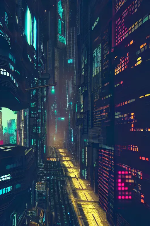 Image similar to cyberpunk city from ground pov, photo realistic, highly detailed, rendered in octane, artstation, 35mm, atmospheric, cinematic lighting, dramatic dusk sky