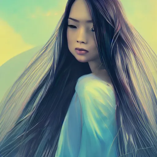 Image similar to a thin, pretty young Filipino woman with long hair floats in a dreamy world, very beautiful, inspiring, abstract digital art, trending on artstation