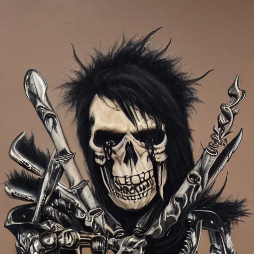 Prompt: a portrait of the grim reaper as a punk rocker, punk, skeleton face, mohawk, dark, fantasy, leather jackets, spiked collars, spiked wristbands, piercings, boots, guitars, motorcycles, ultrafine detailed painting by frank frazetta and vito acconci and will eisner, detailed painting